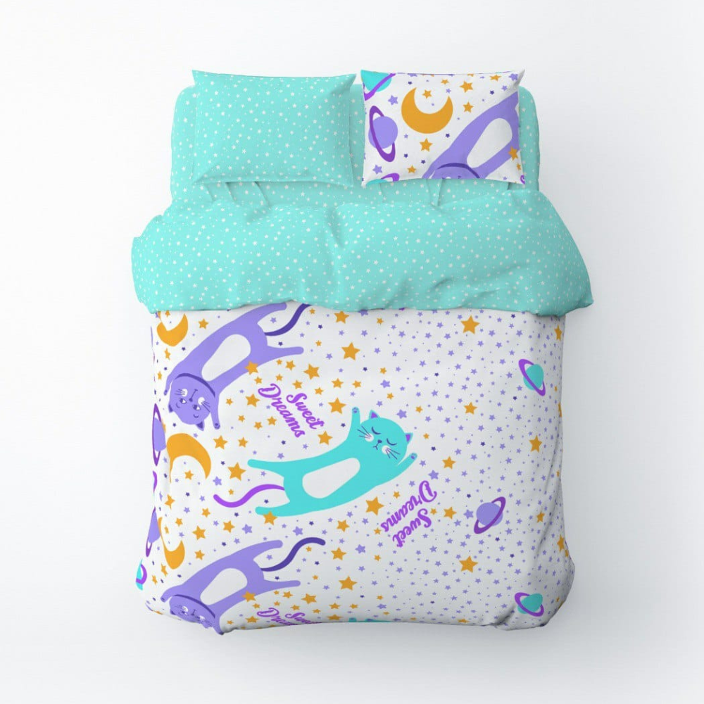 Lenjerie de pat pentru o persoană, bumbac, Cats and Stars