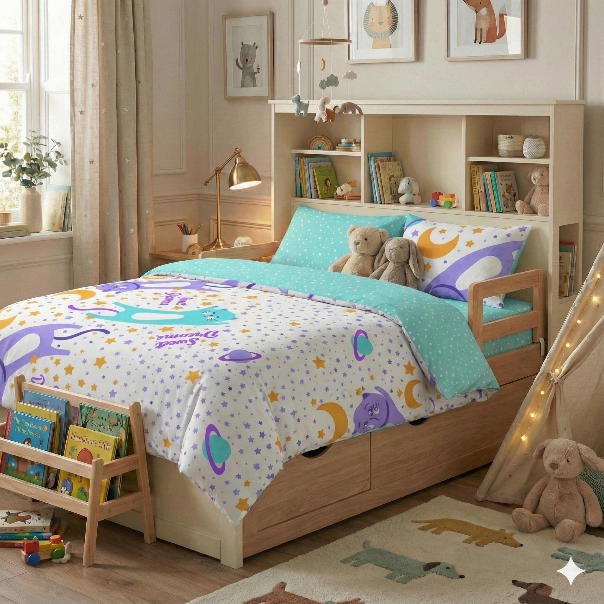 Lenjerie de pat pentru o persoană, bumbac, Cats and Stars